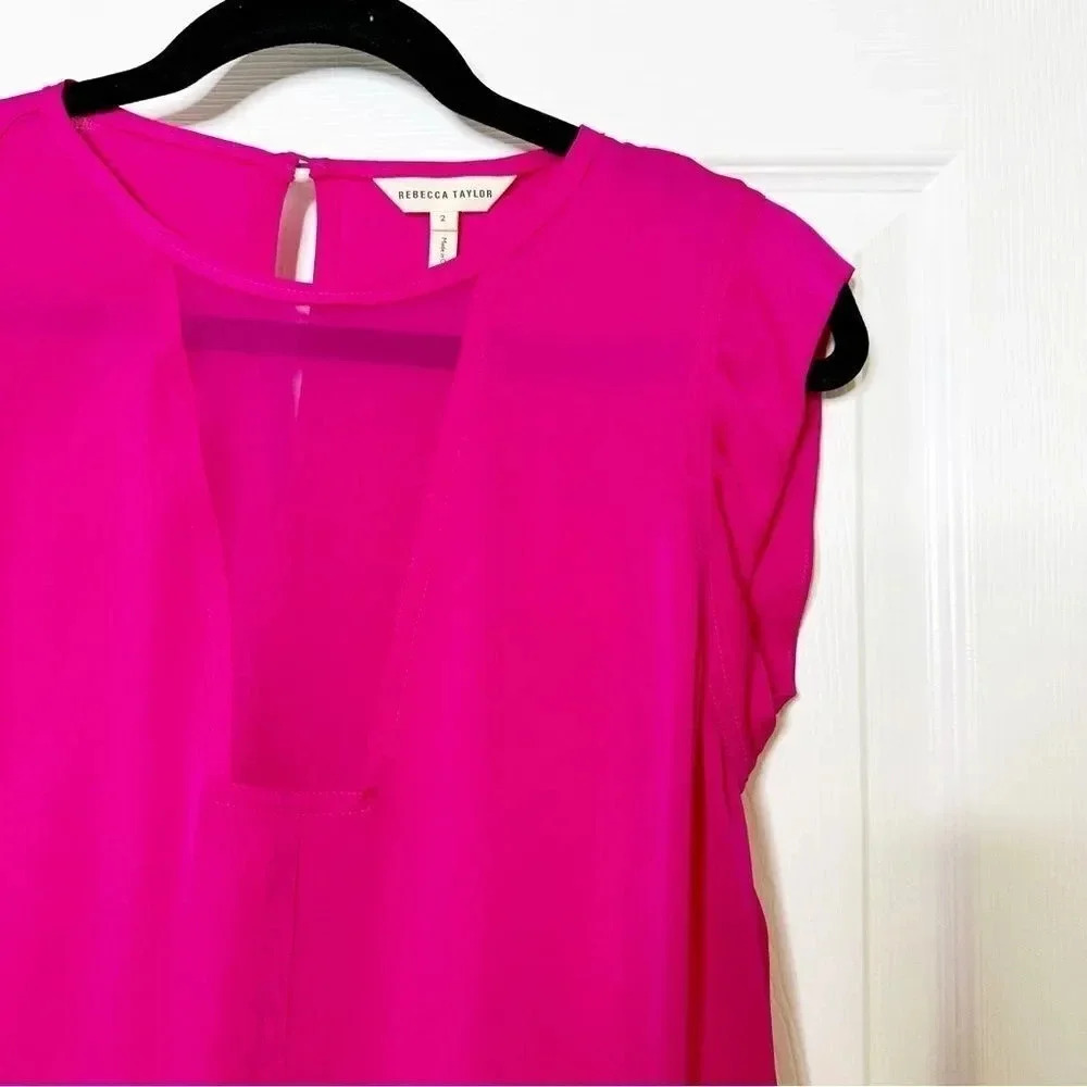 REBECCA TAYLOR Charlie Top 100% Silk Fuschia Barbiecore Size‎ 2 - Picture 3 of 7